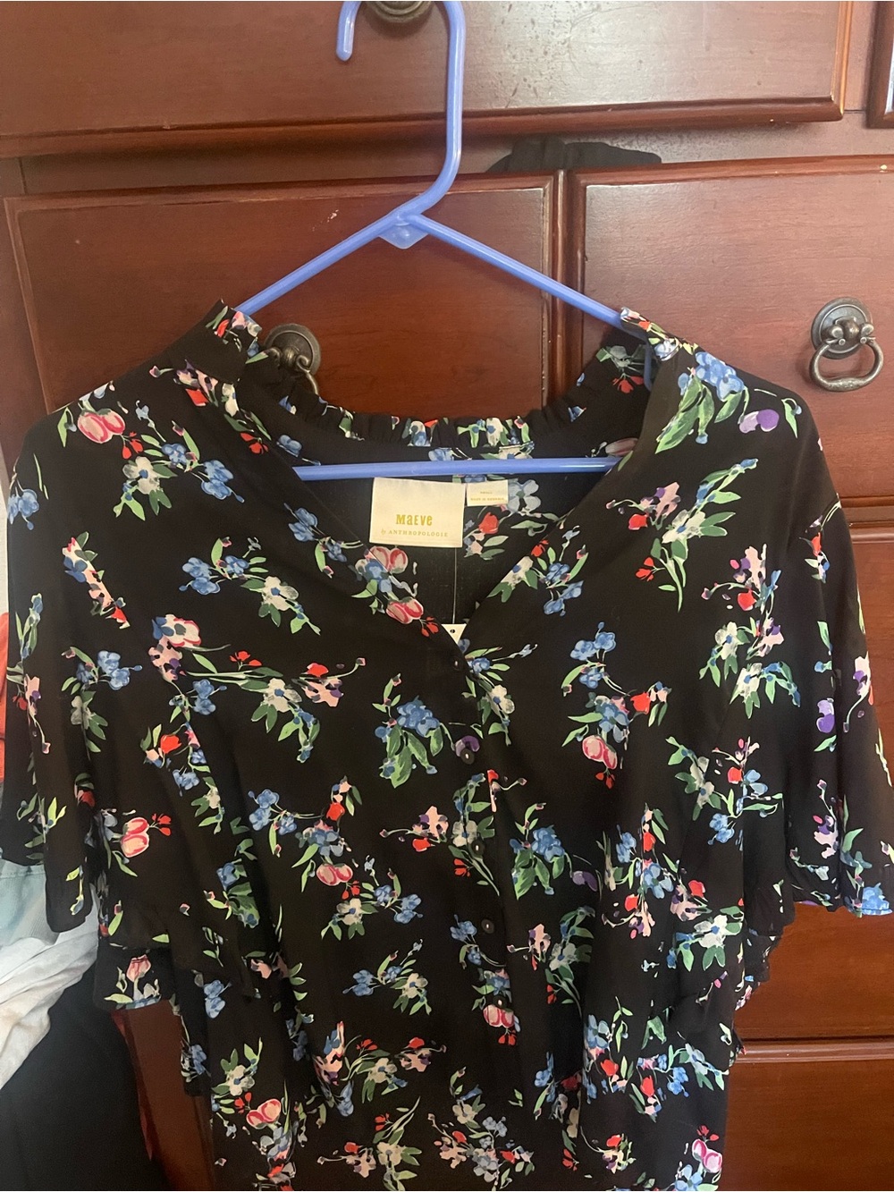 Anthropologie Black Floral Button-Front Blouse with Multicolor Blossoms